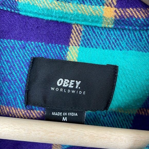 OBEY Mens Medium Plaid Green Purple Button Down Shirt One Pocket Casual Shirt - Picture 10 of 10